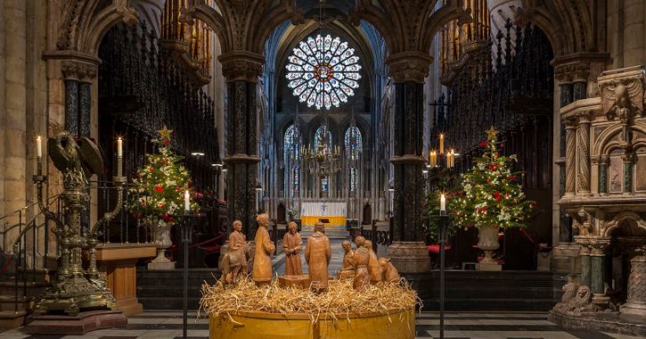Christmas altar decorated with nativity crib at Durham Cathedral 
